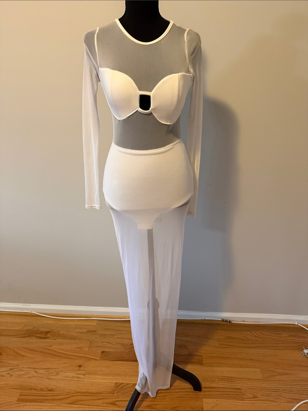 cleo White Sheer Long-Sleeve Mesh Bodysuit with Built-In Bra